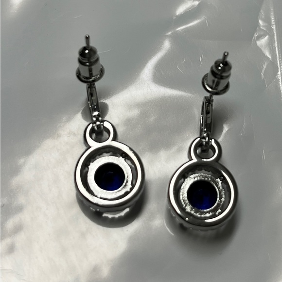 Rhinestones and Blue round sapphire crystal earrings. Almost .5” diam.  NIP - Picture 3 of 3